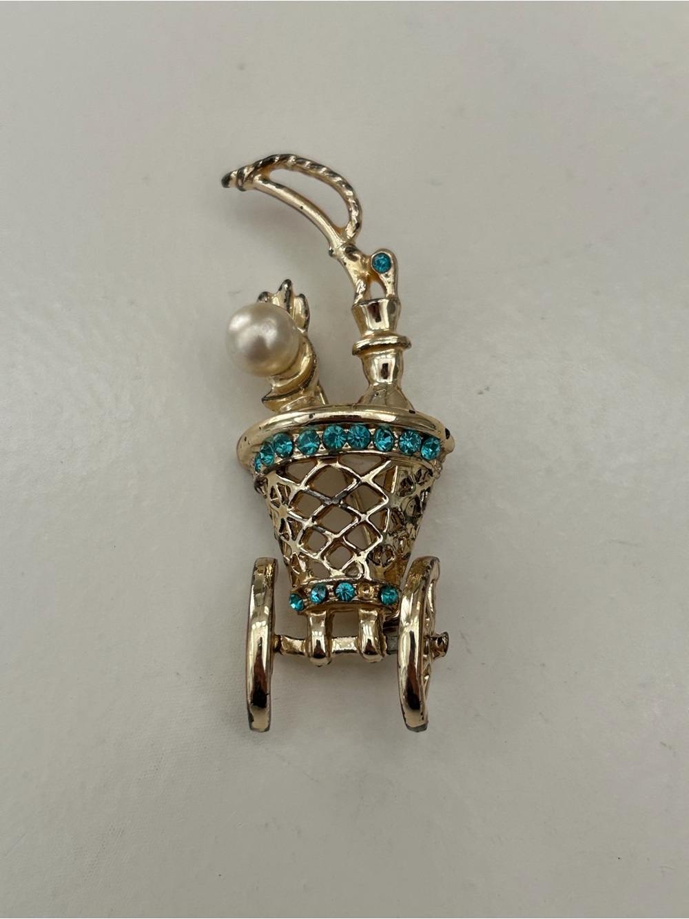 Whimsical “Honeymoon”  Carriage Brooch with Teal Crystals & Pearl Accent